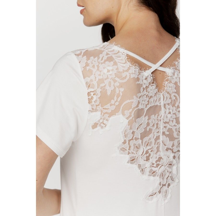 Straight-cut, long-sleeve, T-shirt-style nightdress in micromodal and lace