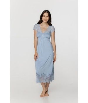 Longue chemise de nuit seyante manches courtes en micromodal et dentelle
