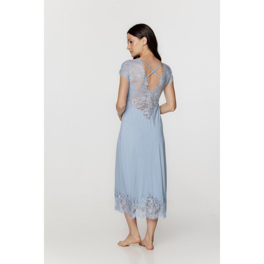 Flattering, short-sleeve, long nightdress in micromodal and lace