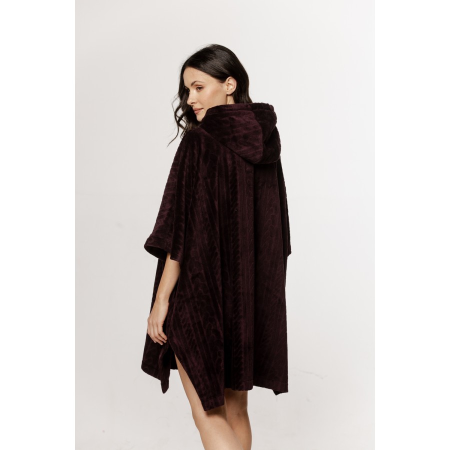 Ravissant poncho large à capuche en velours,  manches ¾ amples et fermeture éclair
