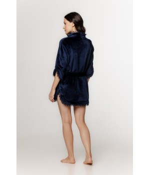 Ravissant petit peignoir court en velours fluffy avec manches ¾ et franges