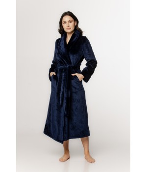 Sublime long maxi bathrobe in fluffy velvet with pockets, shawl collar, and belt