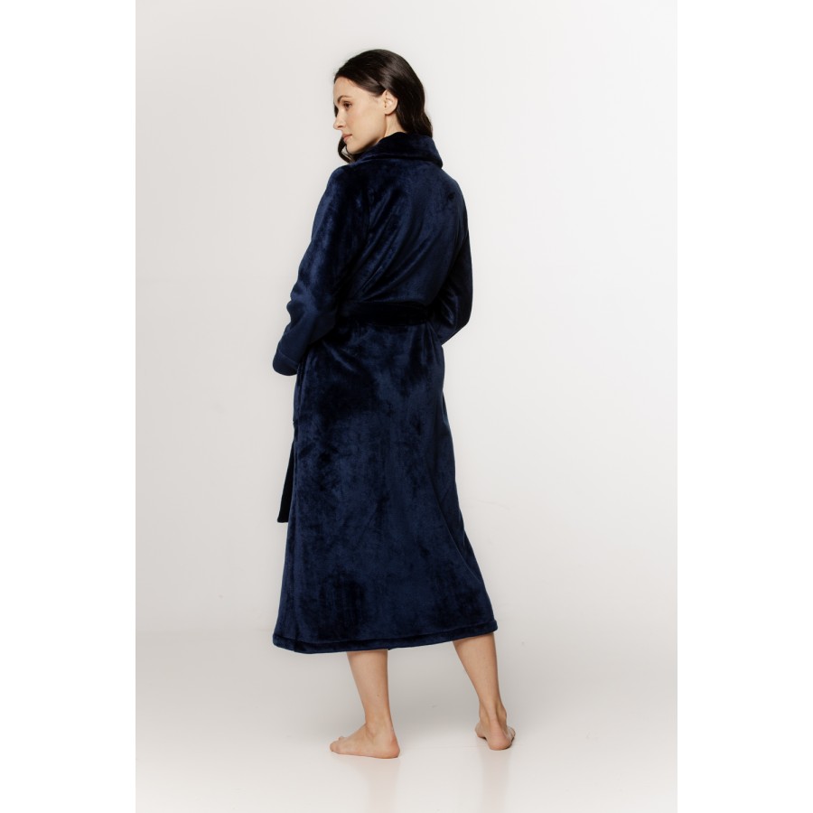 Sublime long maxi bathrobe in fluffy velvet with pockets, shawl collar, and belt
