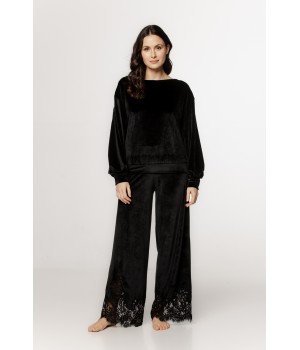 Gorgeous velvet pajama set with lace and embroidery on the back and hem of the pants