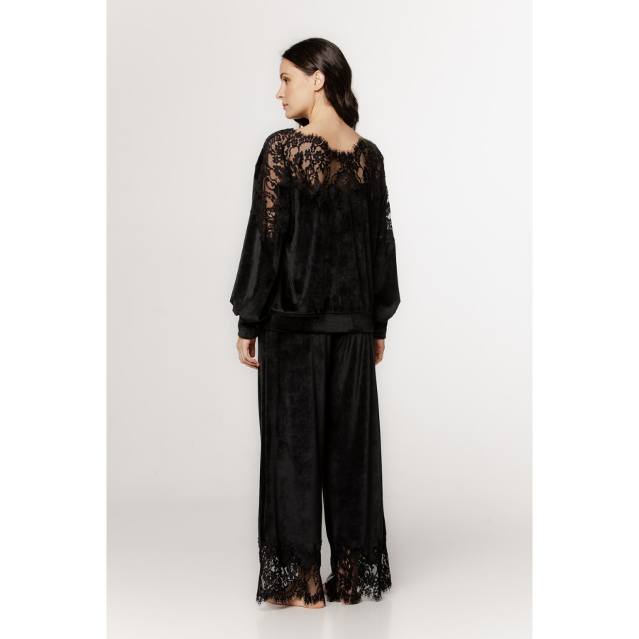 Gorgeous velvet pajama set with lace and embroidery on the back and hem of the pants