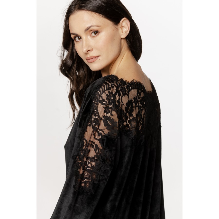 Gorgeous velvet pajama set with lace and embroidery on the back and hem of the pants