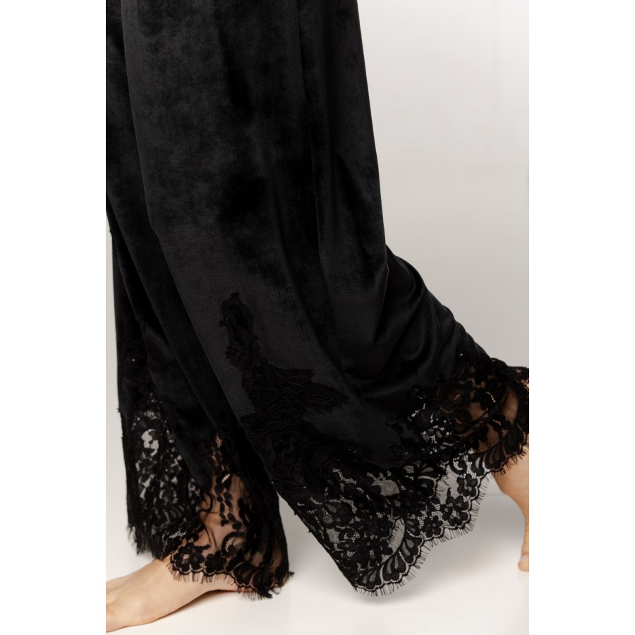 Gorgeous velvet pajama set with lace and embroidery on the back and hem of the pants
