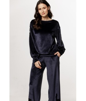 Gorgeous velvet pajama set with lace and embroidery on the back and hem of the pants