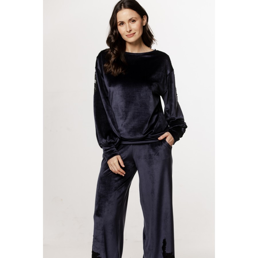 Gorgeous velvet pajama set with lace and embroidery on the back and hem of the pants