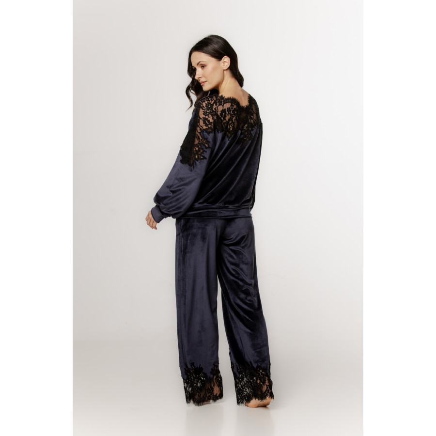 Gorgeous velvet pajama set with lace and embroidery on the back and hem of the pants