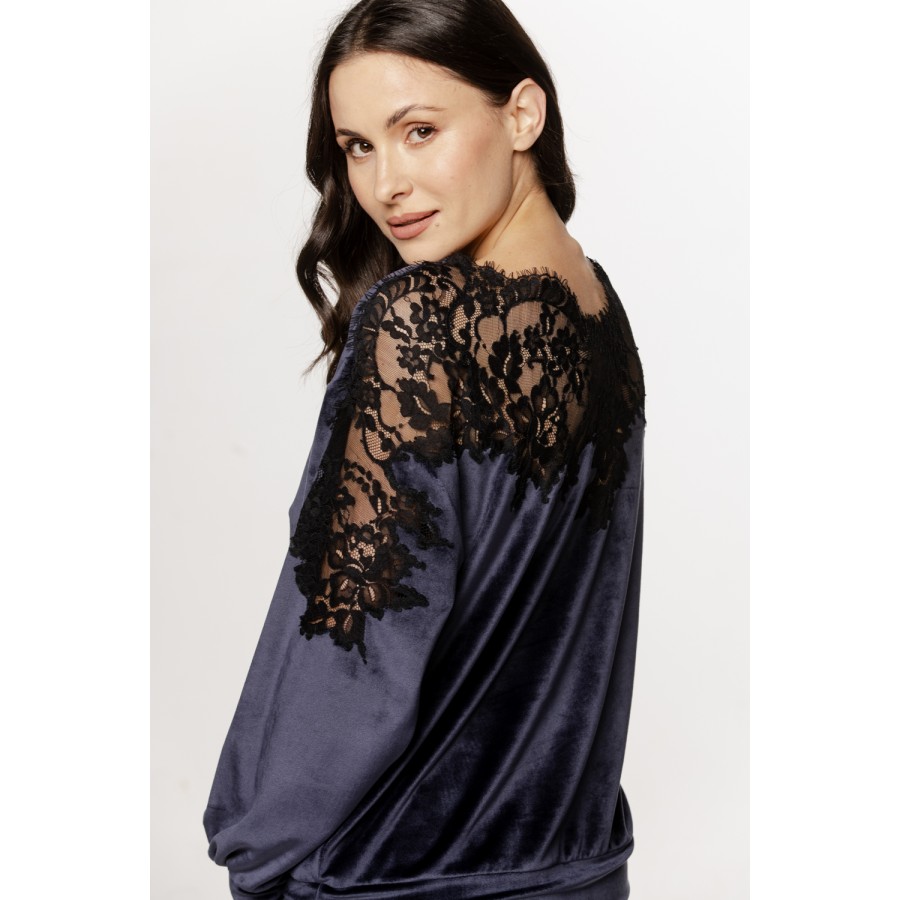 Gorgeous velvet pajama set with lace and embroidery on the back and hem of the pants