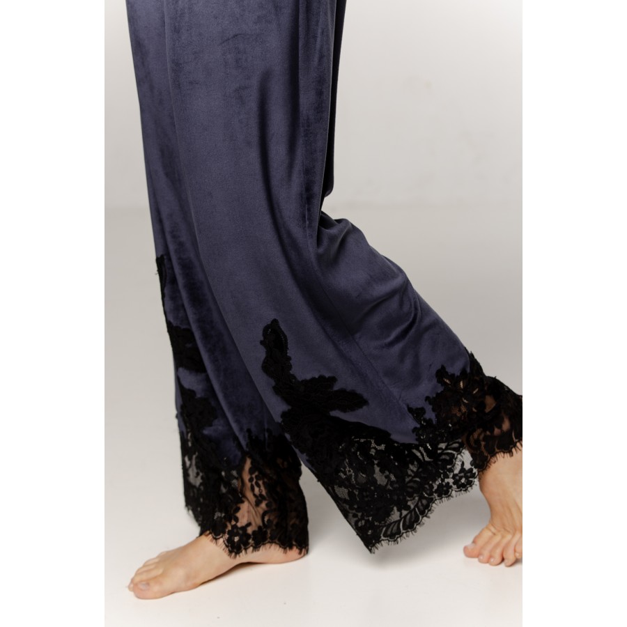 Gorgeous velvet pajama set with lace and embroidery on the back and hem of the pants