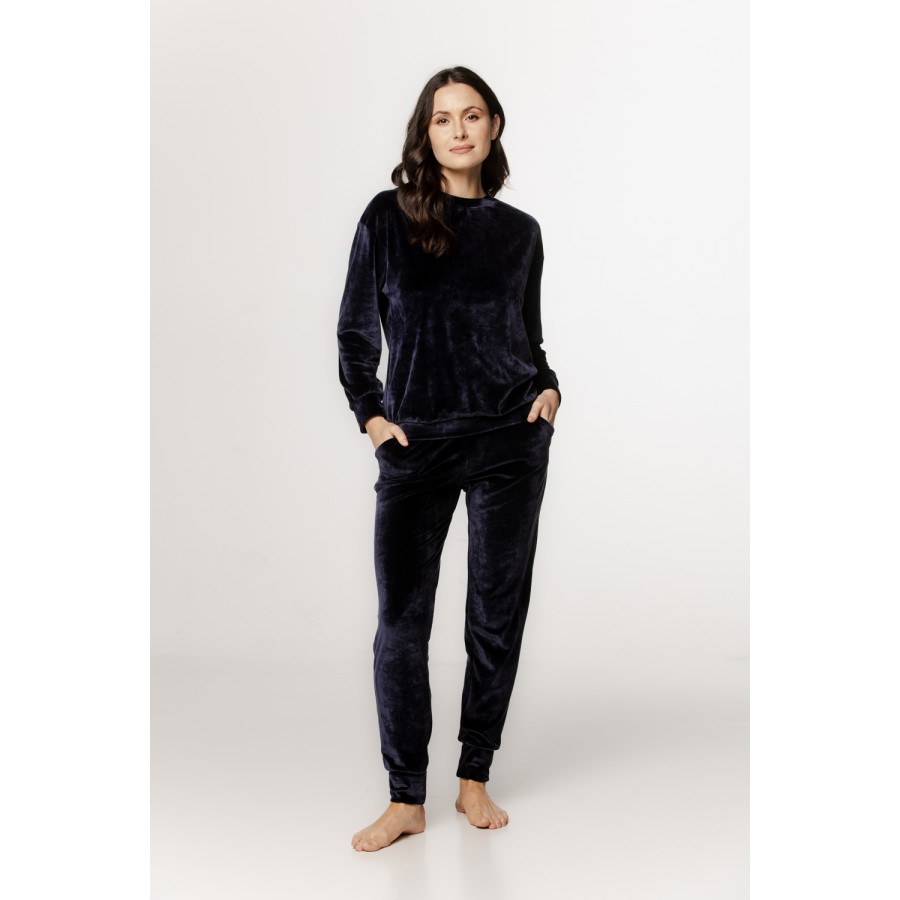 Loungewear-Set aus Samt mit Rundhals-Oberteil, langen Ärmeln, gerader Hose und Seitentaschen