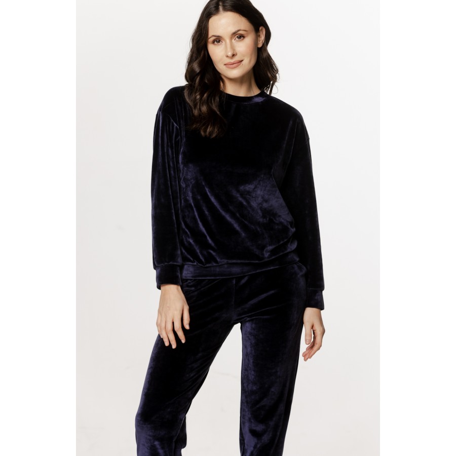Loungewear-Set aus Samt mit Rundhals-Oberteil, langen Ärmeln, gerader Hose und Seitentaschen