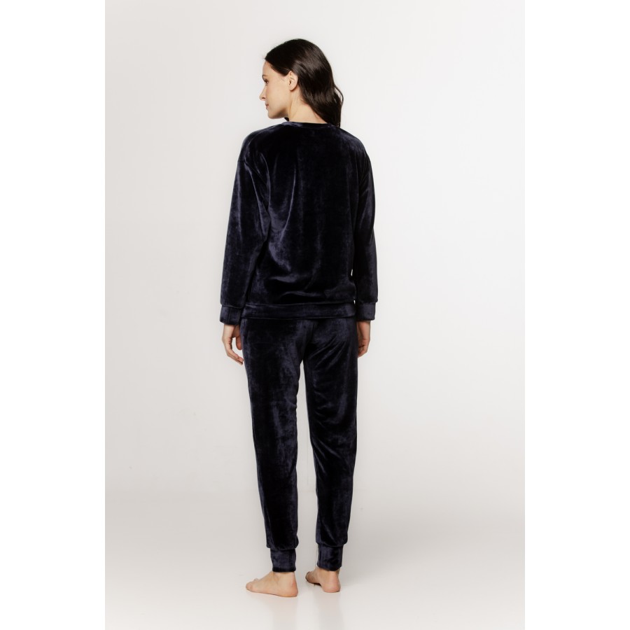 Loungewear-Set aus Samt mit Rundhals-Oberteil, langen Ärmeln, gerader Hose und Seitentaschen