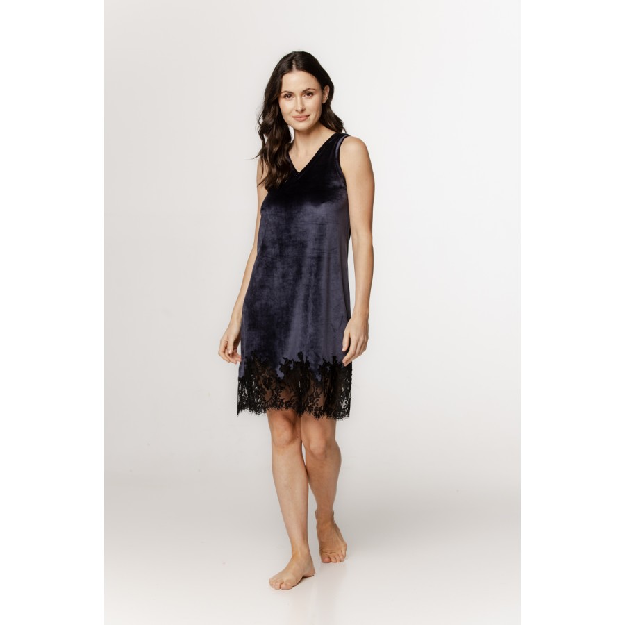 Gorgeous velvet nightie with V-neck, lace, and embroidery on the back