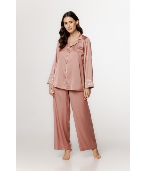 Wunderschönes, locker sitzendes Satin-Pyjama-Set, Hemdblusen-Oberteil mit Kragen und Stickerei