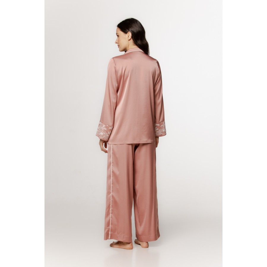 Beautiful loose-fitting satin pajama set, shirt-style top with collar and embroidery
