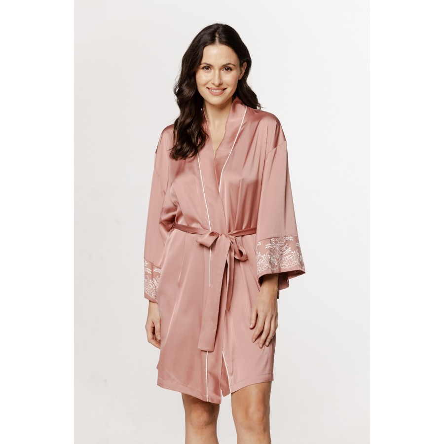 Lovely little satin robe with wide ¾ sleeves and embroidered cuffs.
