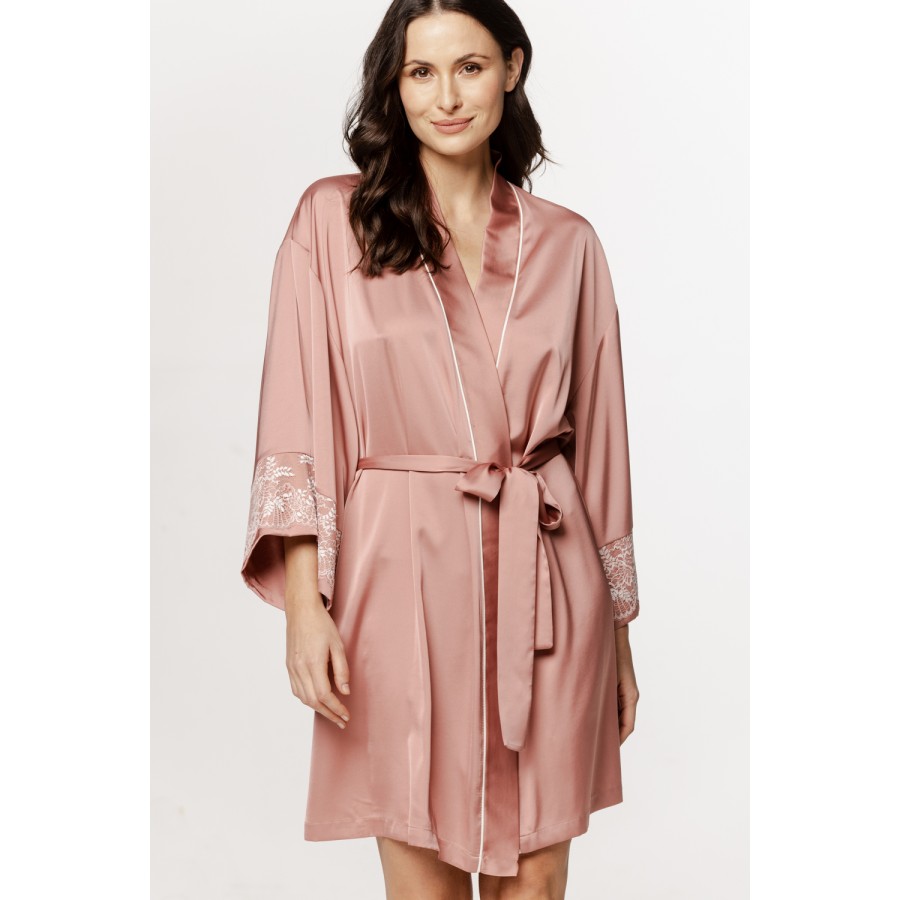 Lovely little satin robe with wide ¾ sleeves and embroidered cuffs.