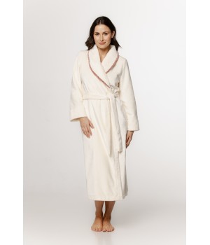Beautiful long, fluffy bathrobe with a shawl collar and trim and long sleeves