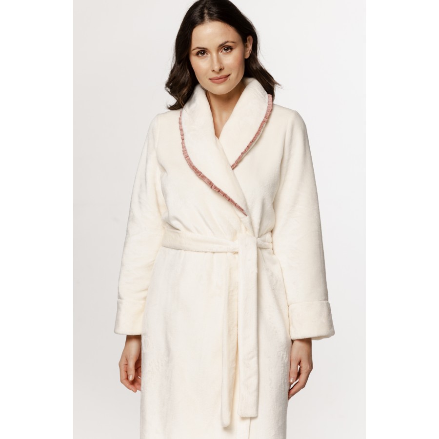 Beautiful long, fluffy bathrobe with a shawl collar and trim and long sleeves