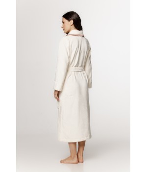 Beautiful long, fluffy bathrobe with a shawl collar and trim and long sleeves