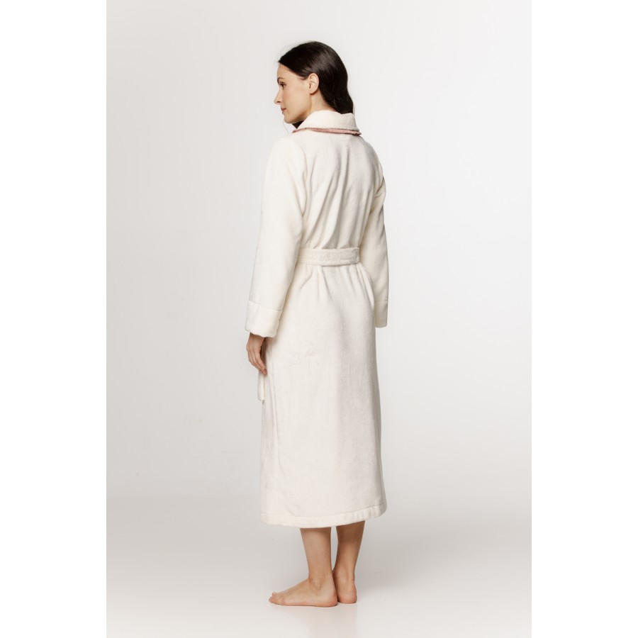 Beautiful long, fluffy bathrobe with a shawl collar and trim and long sleeves