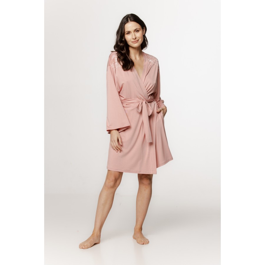 Elegant mid-length micromodal robe with long sleeves and lace on the shoulders