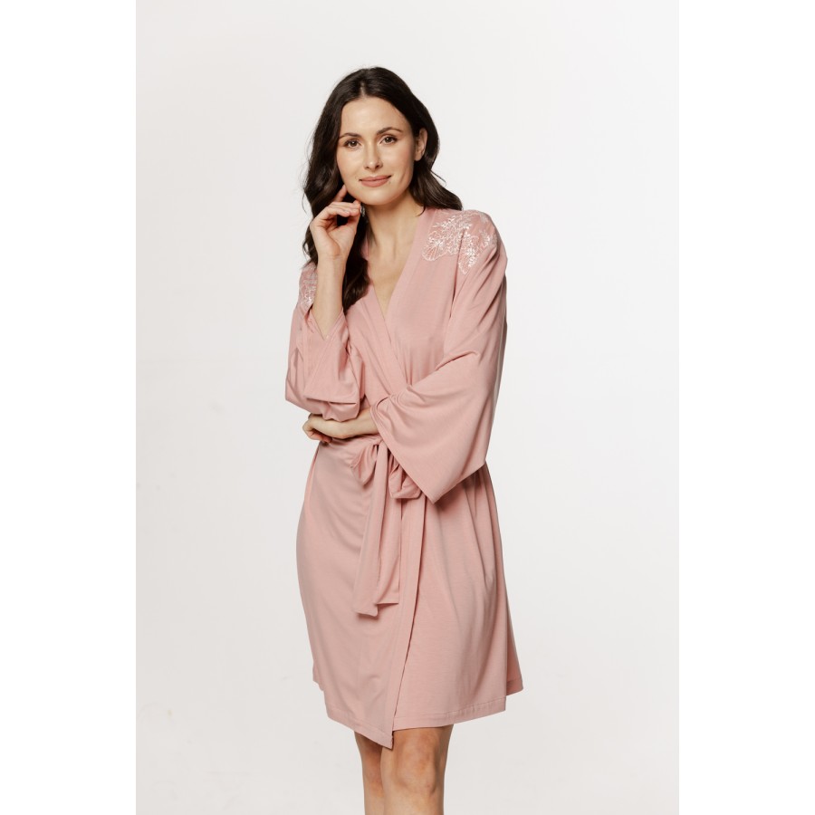 Elegant mid-length micromodal robe with long sleeves and lace on the shoulders
