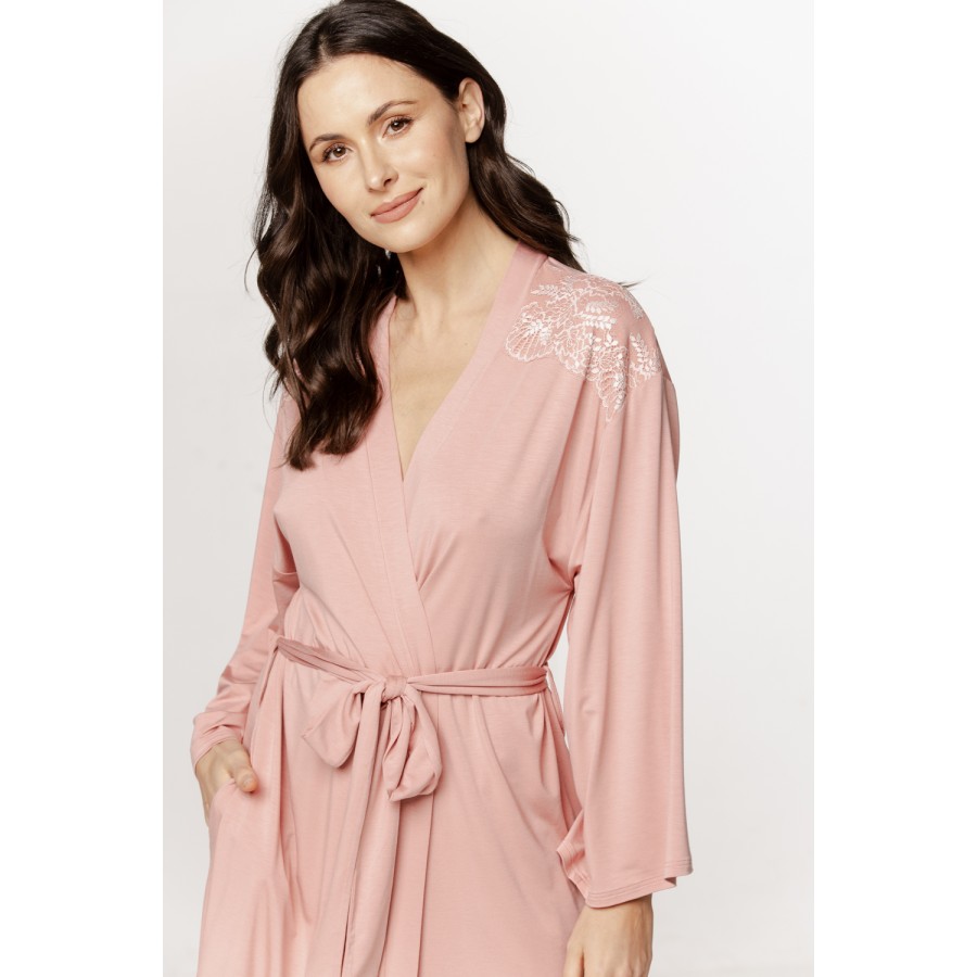 Elegant mid-length micromodal robe with long sleeves and lace on the shoulders