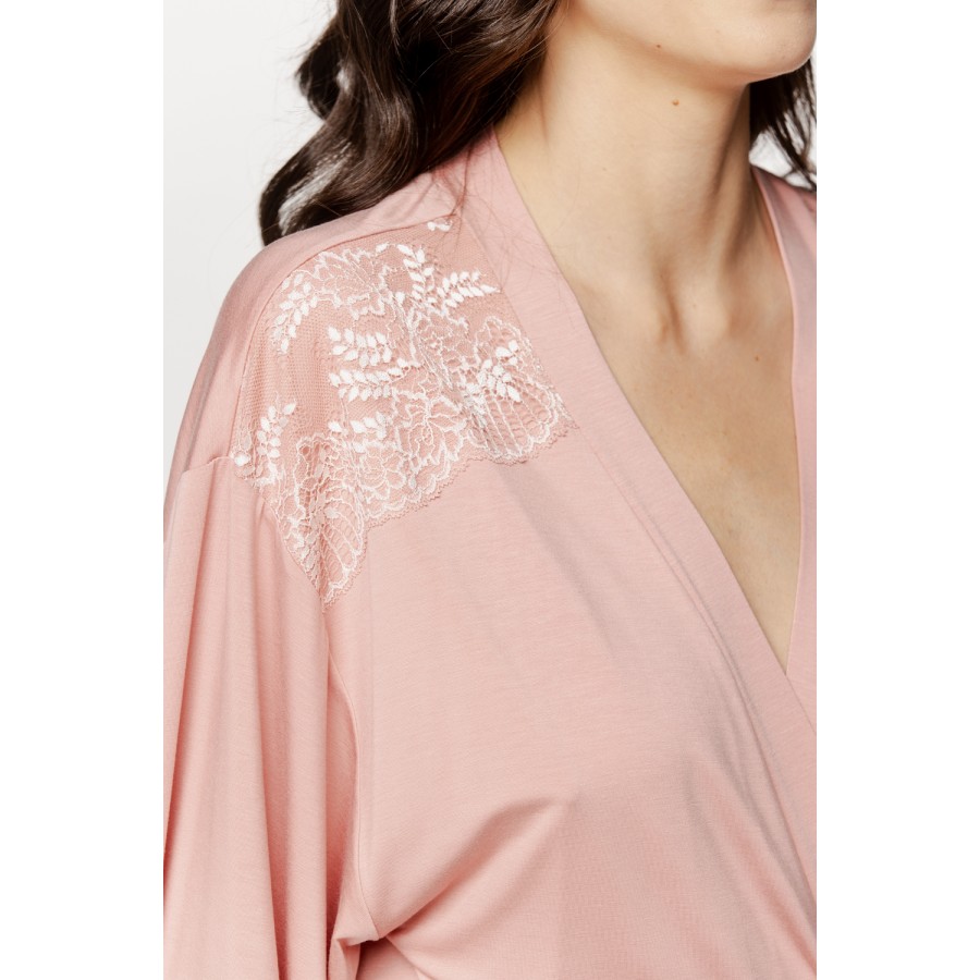 Elegant mid-length micromodal robe with long sleeves and lace on the shoulders