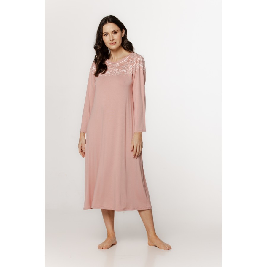 Ravissante chemise de nuit  ample et longue, en micromodal et dentelle, manches longues