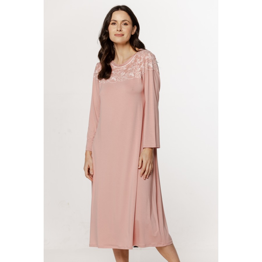 Ravissante chemise de nuit  ample et longue, en micromodal et dentelle, manches longues