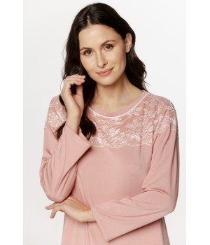 Ravissante chemise de nuit  ample et longue, en micromodal et dentelle, manches longues