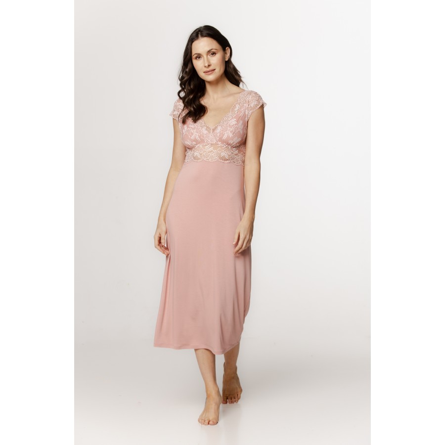 Somptueuse chemise de nuit longue en micromodal et dentelle, manches courtes et lacets