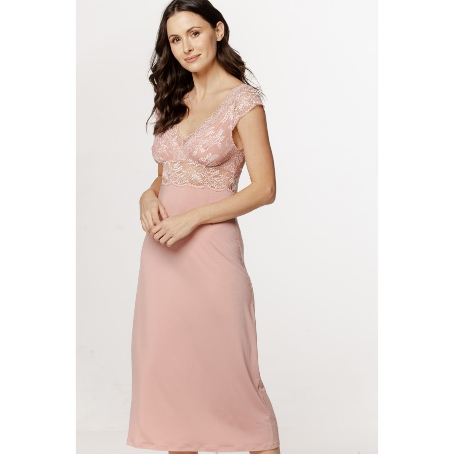 Somptueuse chemise de nuit longue en micromodal et dentelle, manches courtes et lacets