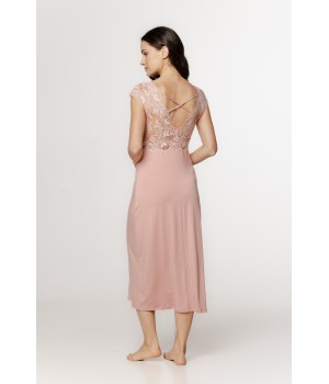 Somptueuse chemise de nuit longue en micromodal et dentelle, manches courtes et lacets