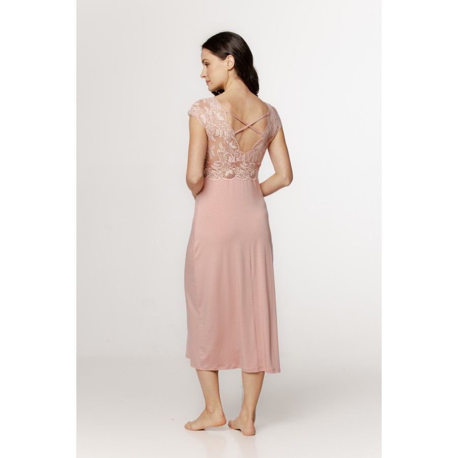 Somptueuse chemise de nuit longue en micromodal et dentelle, manches courtes et lacets