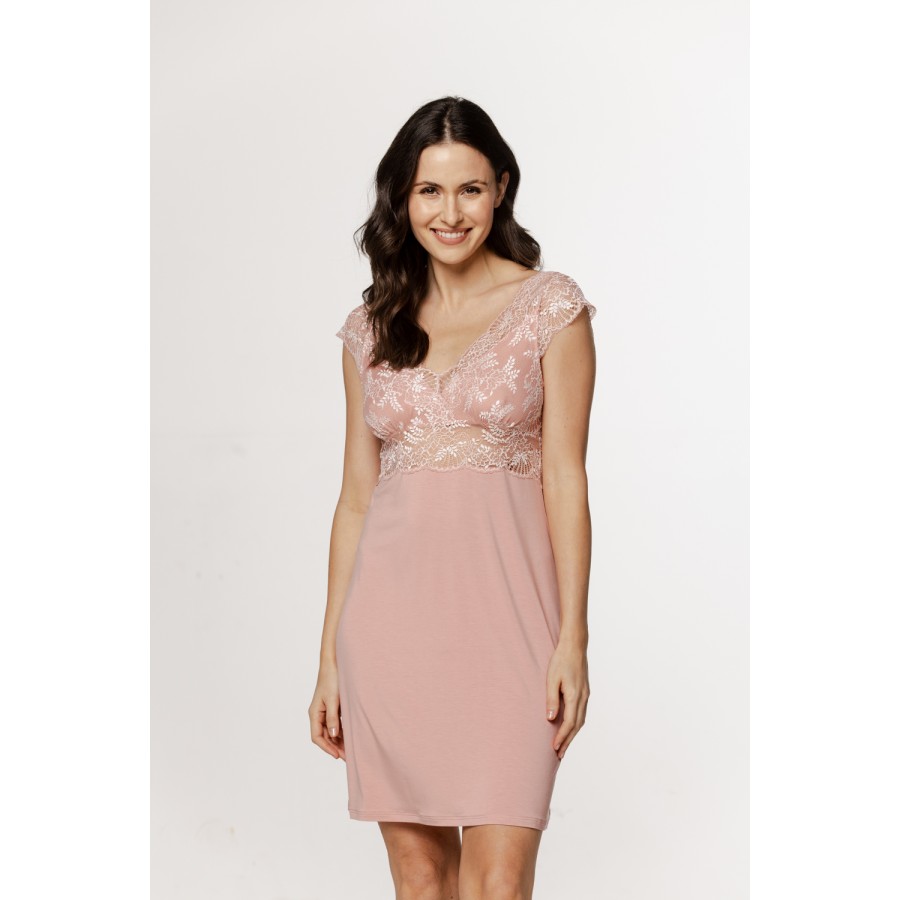 Superb micromodal and lace nightie with short sleeves, embroidery, and lace-up back.