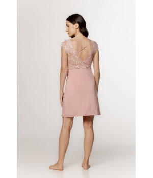 Superb micromodal and lace nightie with short sleeves, embroidery, and lace-up back.