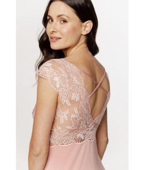 Superbe nuisette  en micromodal et dentelle, manches courtes, broderie et lacets dans le dos