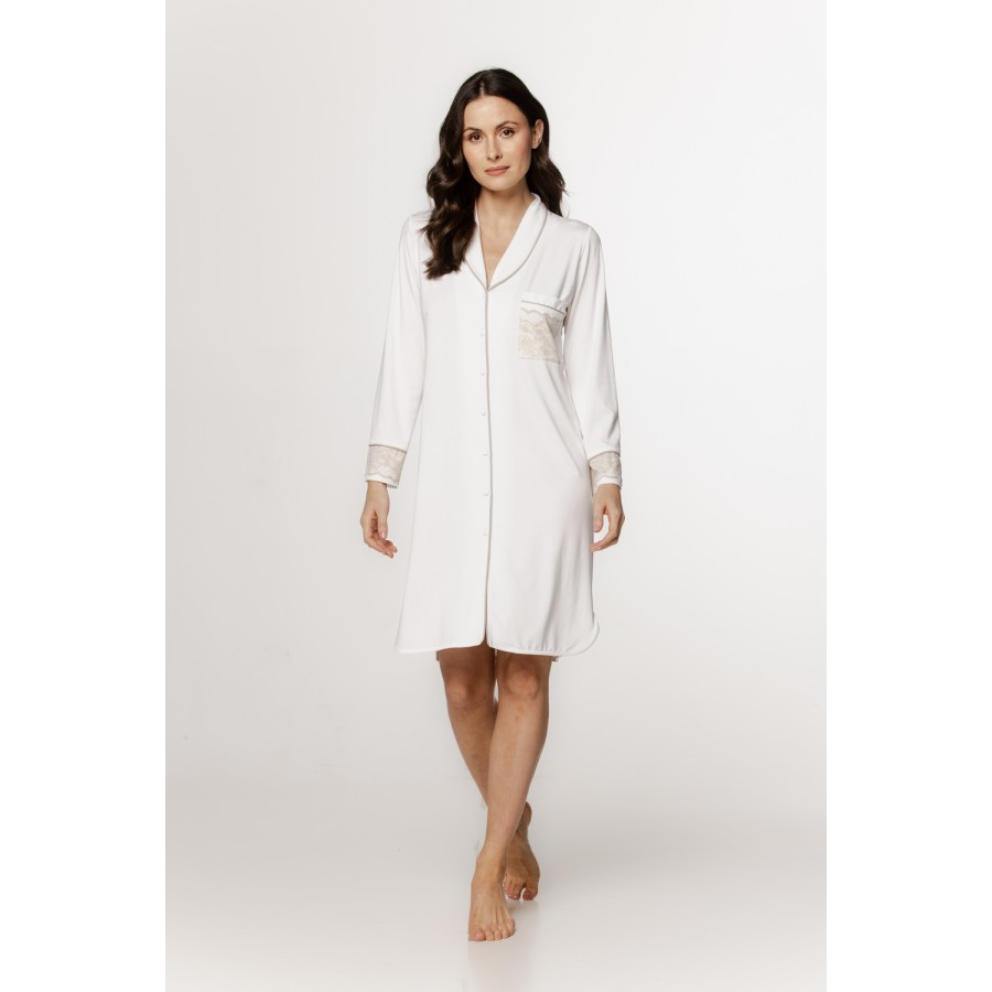 Charming micromodal shirt with a small shawl collar, chest pocket, and embroidery