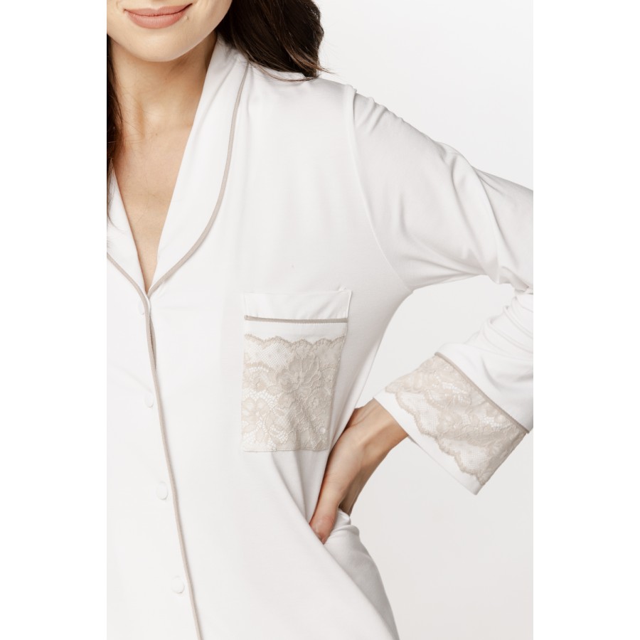 Charming micromodal shirt with a small shawl collar, chest pocket, and embroidery