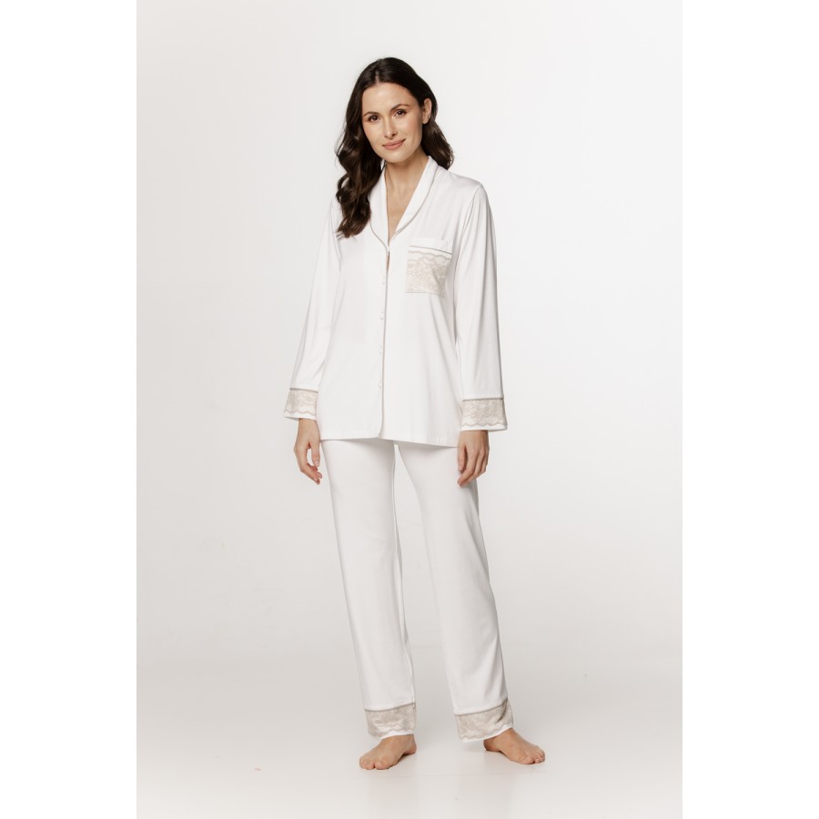 Wunderschönes Pyjama-Set mit Button-Down-Hemd und langer Hose mit Stickerei