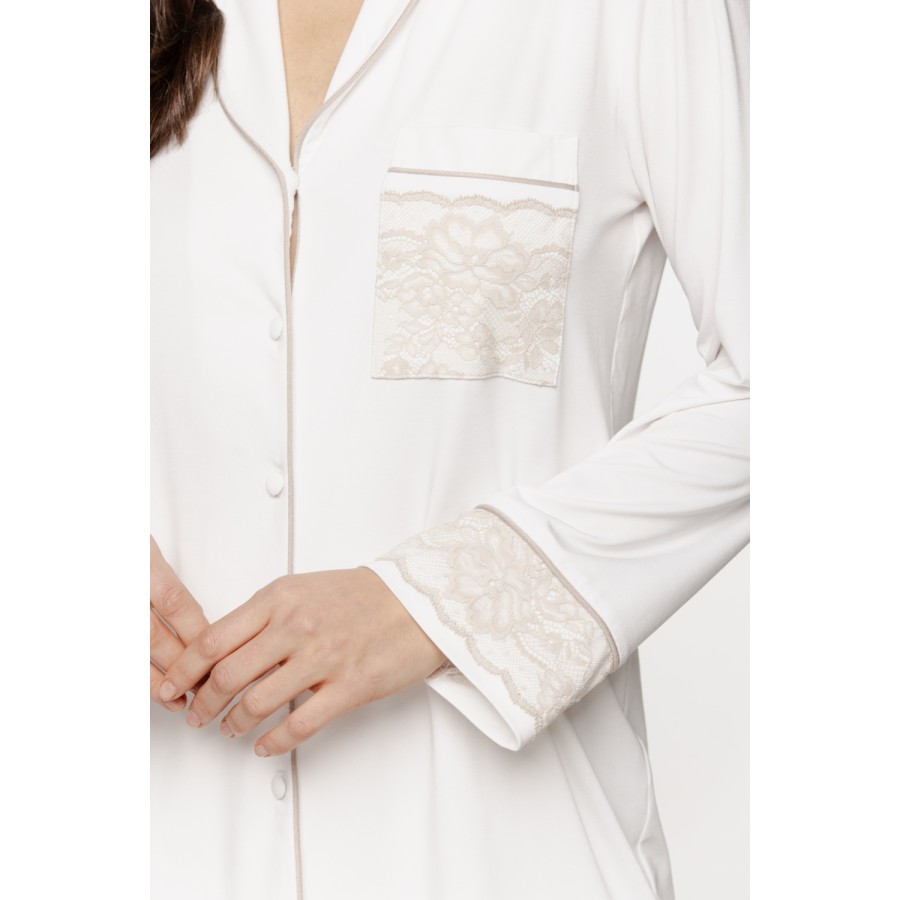 Beautiful pajama set with button-down shirt and long pants and embroidery