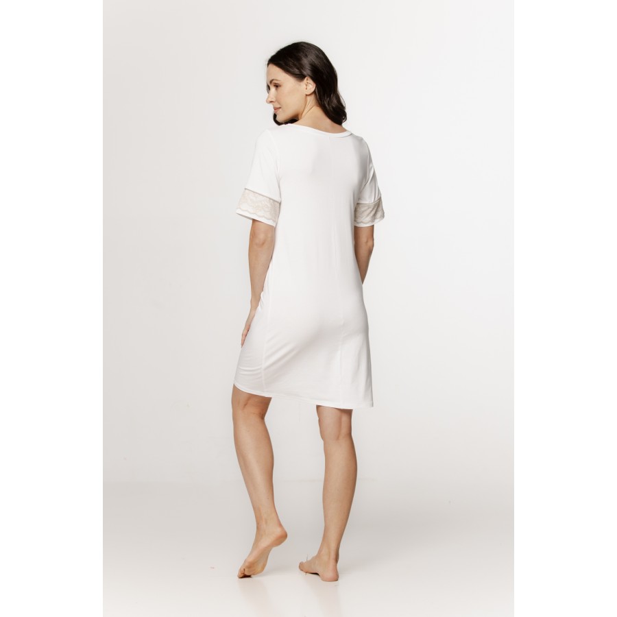Chemise de nuit  femme, tee-shirt long  en micromodal et broderie manches courtes