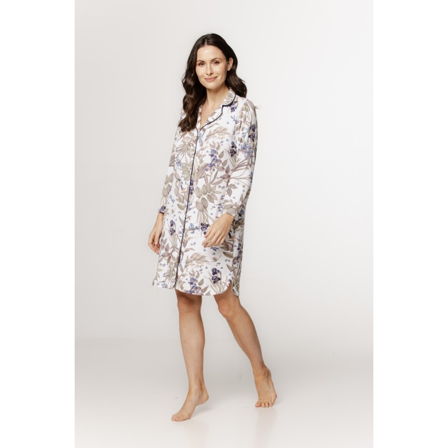 Élégante chemise de nuit femme chemise longue en micromodal avec liseré sur le col en V