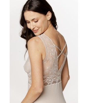 Superb micromodal nightie with a V-neck and lace detailing on the bust, wide straps, and back.