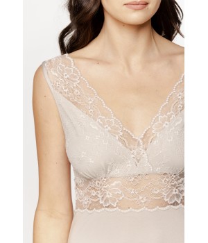 Superb micromodal nightie with a V-neck and lace detailing on the bust, wide straps, and back.